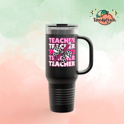 Pink Teacher Checkered Pencil Insulated 40oz Travel Mug