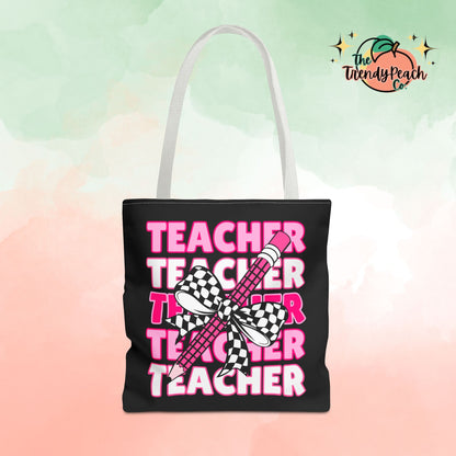 Pink Teacher Checkered Bow Pencil Tote Bag