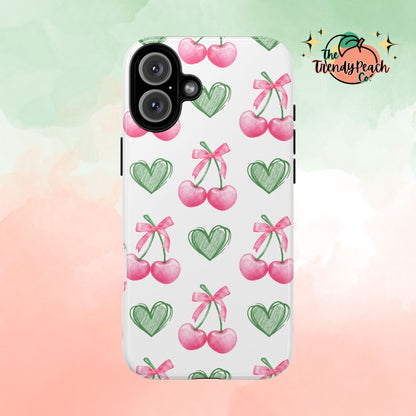 Pink Cherry Bow & Green Heart Dual Layer Phone Case