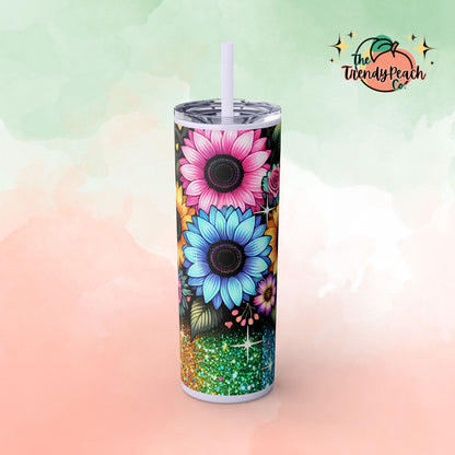 Rainbow Glitter Multicolor Sunflower 20z Tumbler with Straw